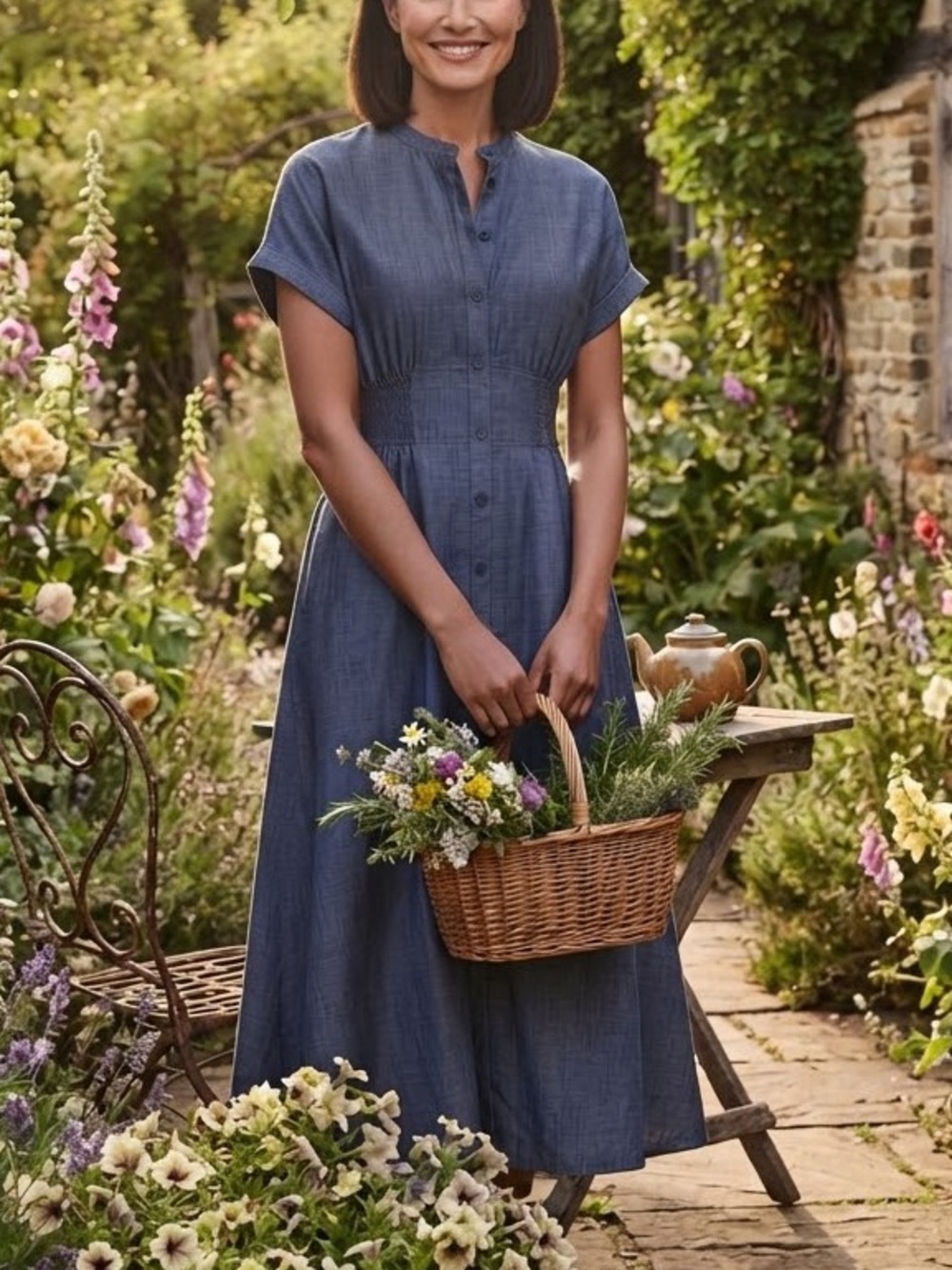 Wayward Fancies Cotton Chambray Denim Midi Dress Smocked Empire Waist Blue